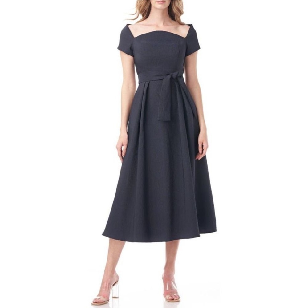 Kay Unger Francesca Asymmetrical Tea Length Dress Admiral Blue Black Size 8 NWT